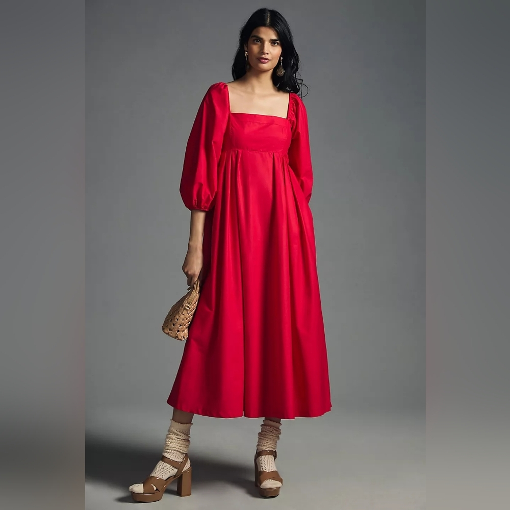 Anthropologie Maeve Squareneck Babydoll Dress OB1710841 Red Medium Puff Sleeves